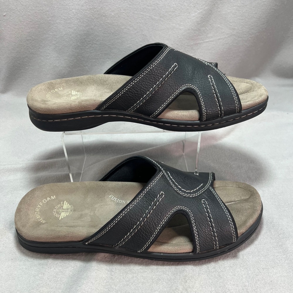 Dockers Sunland Black Slide Sandals Black‎ Faux Leather Memory Foam Comfort 13M
